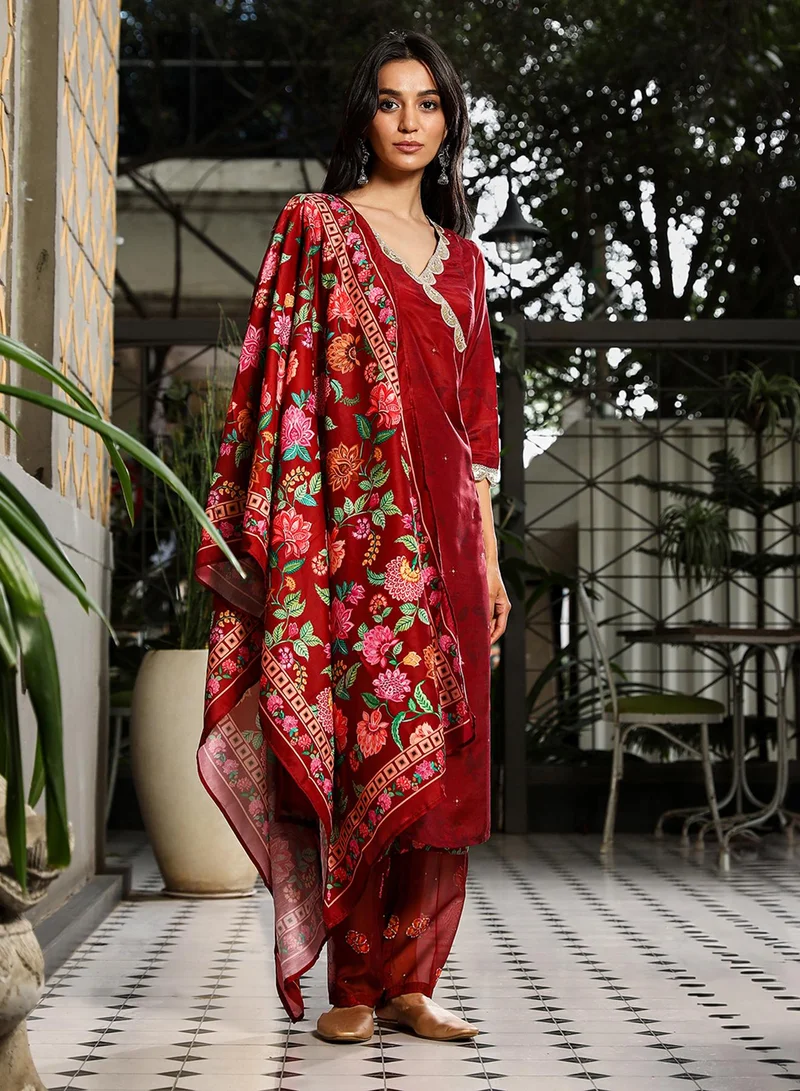 QISSA Women's Crimson Red Botanical Block Kurta With Trousers & Dupatta For Casual Wear | V-Neck | Quarter Sleeve | 3 Piece Kurta Set Designed With Comfort Fit For Everyday Ethnic Wear
